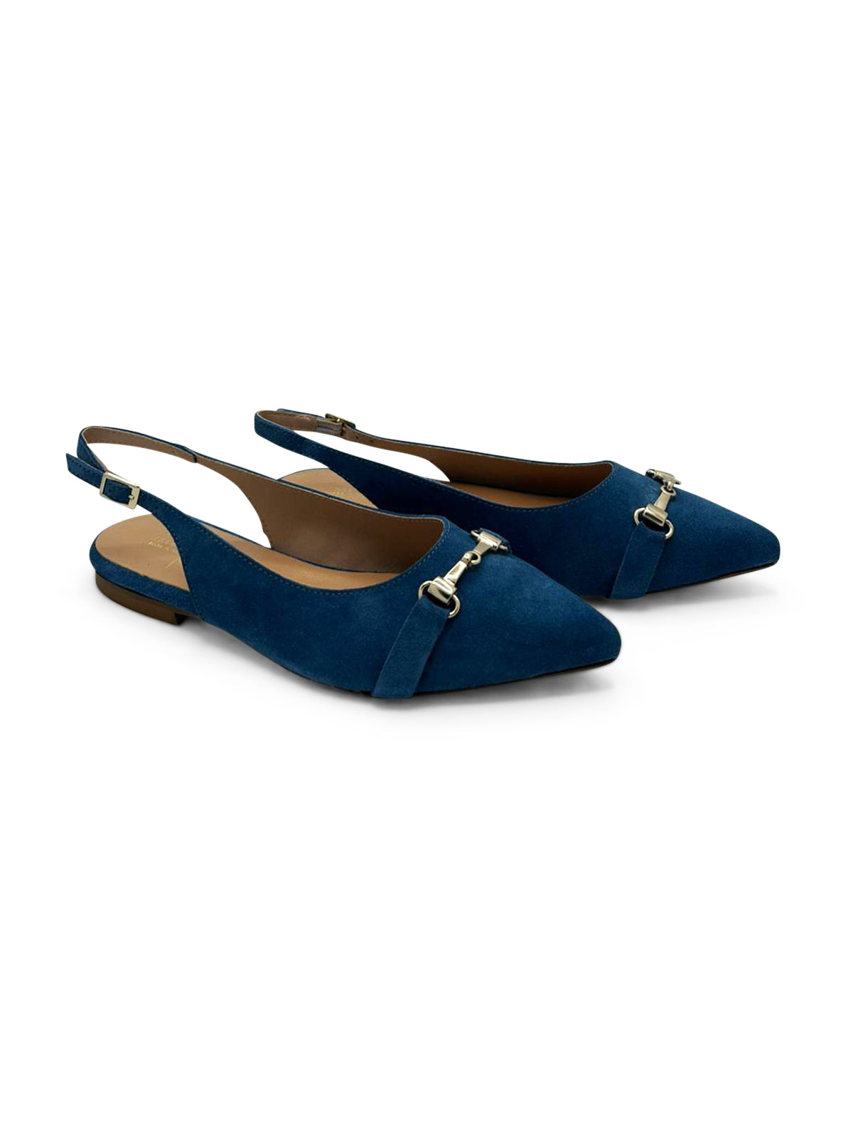 Ballerine Slingback in Camoscio Blu Navy a Punta con Fibbia Dorata
