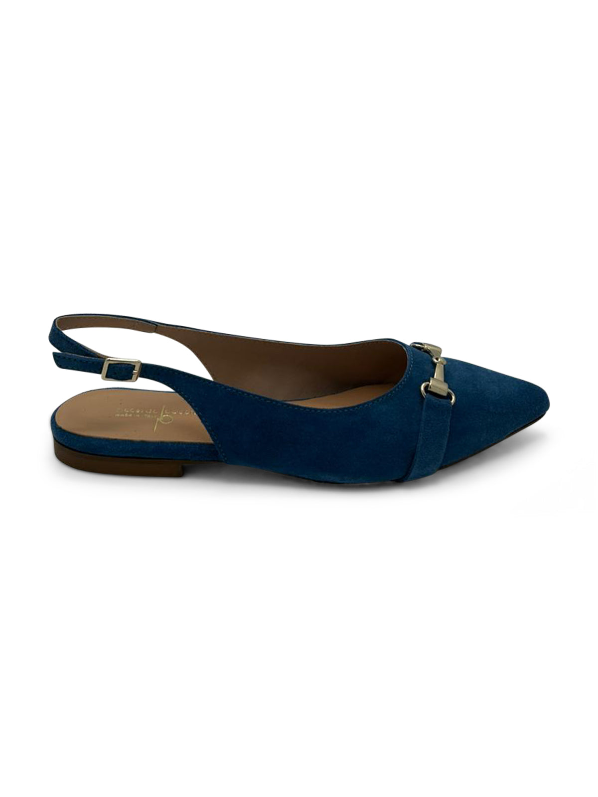 Ballerine Slingback in Camoscio Blu Navy a Punta con Fibbia Dorata