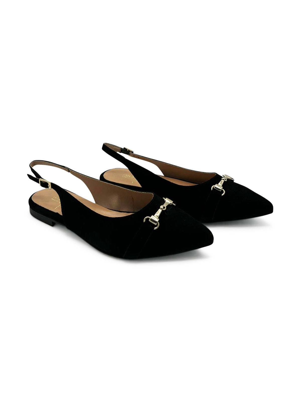 Ballerine Slingback in Camoscio Blu Navy a Punta con Fibbia Dorata