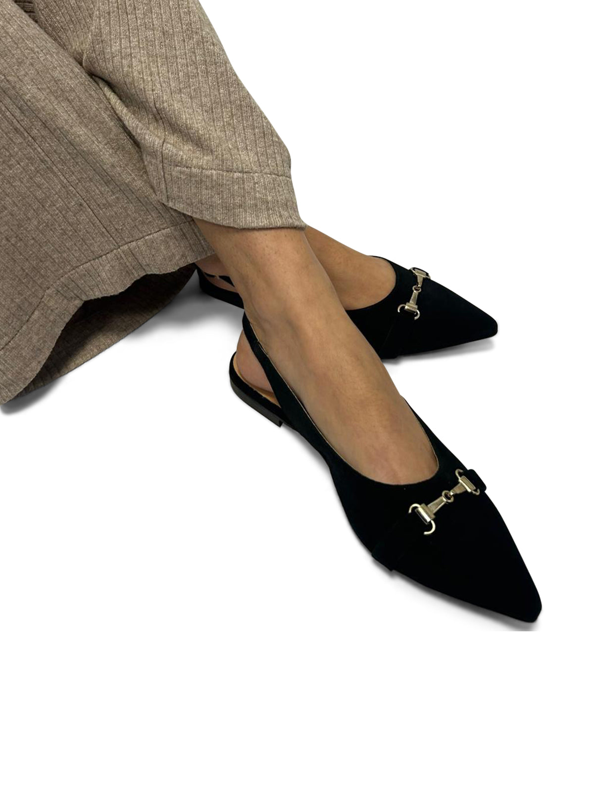 Ballerine Slingback Nere Navy a Punta con Fibbia Dorata
