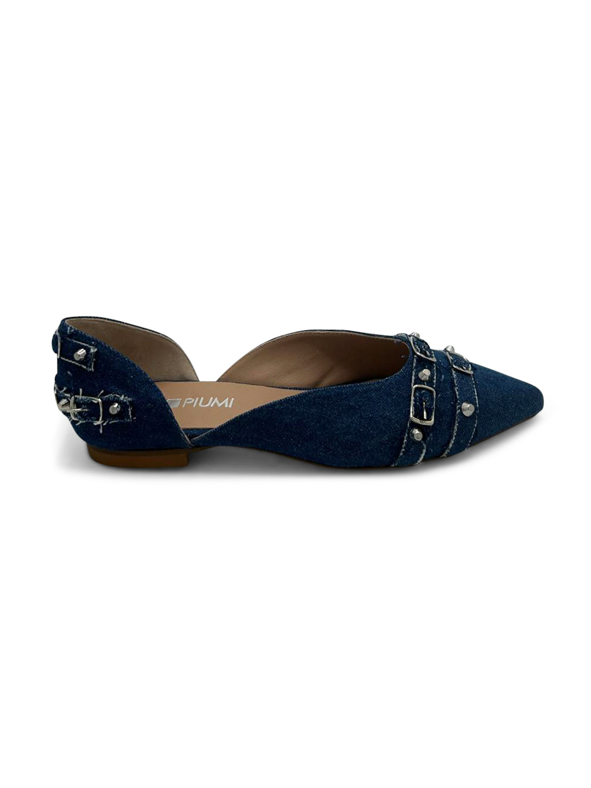 Ballerine Blu Jeans da Donna a Punta con Borchie e Cinturini
