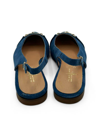 Ballerine Slingback in Camoscio Blu Navy a Punta con Fibbia Dorata