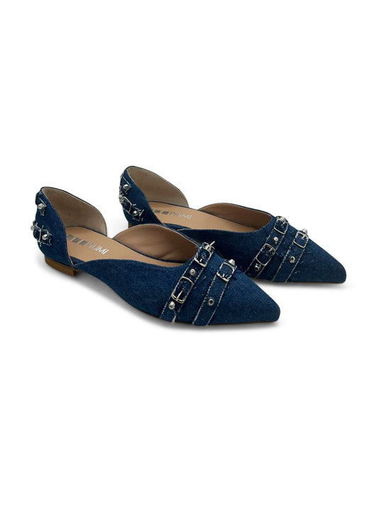 Ballerine Blu Jeans da Donna a Punta con Borchie e Cinturini