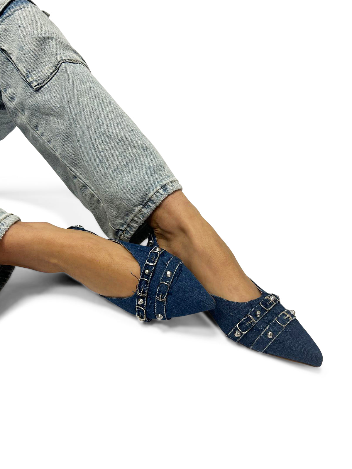 Ballerine Blu Jeans da Donna a Punta con Borchie e Cinturini