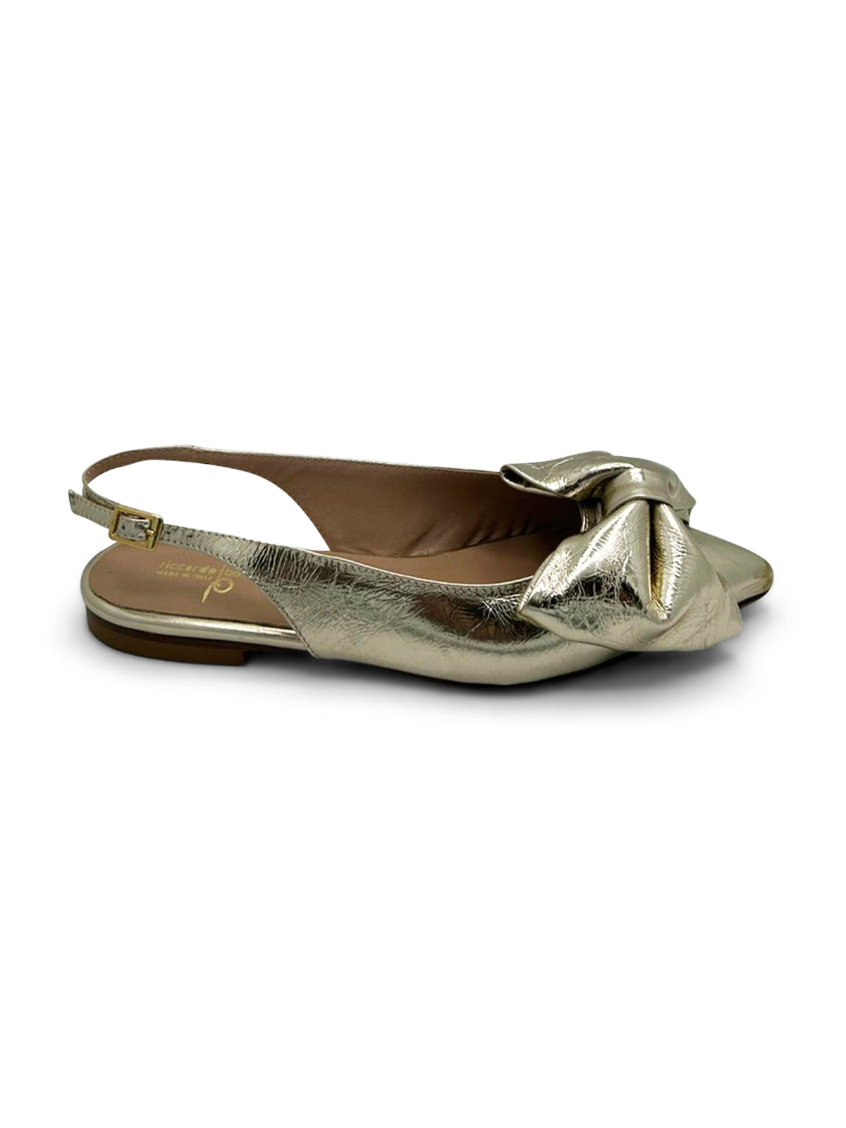 Sandalo Oro Metallizzato con Tacco Basso e Fiocco