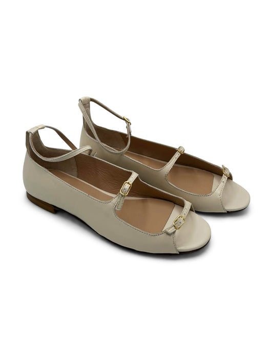 Sandali Ballerina Donna in Pelle Beige con Cinturini