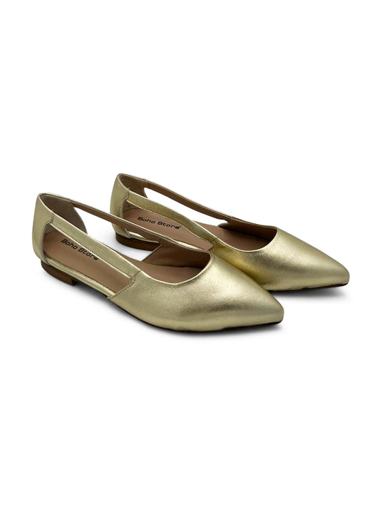 Ballerine a Punta in Pelle Laminato Oro con Tacco Basso