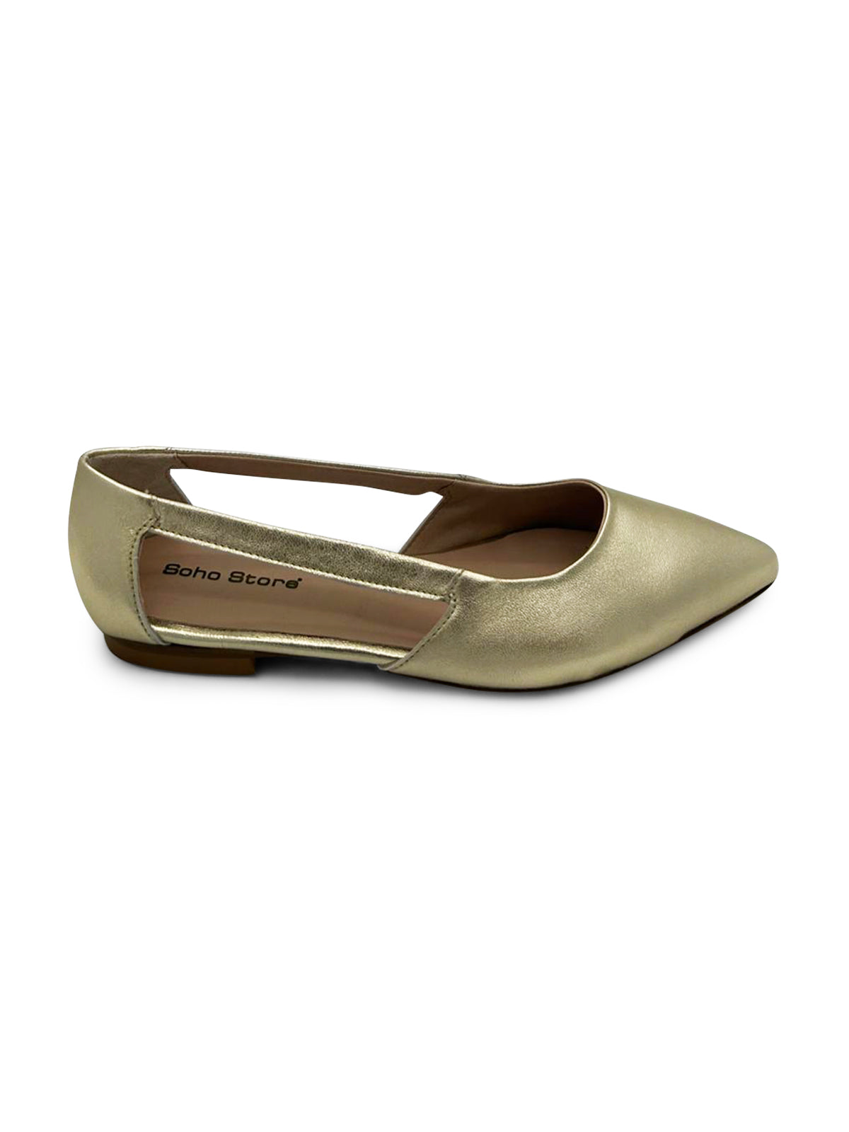 Ballerine a Punta in Pelle Laminato Oro con Tacco Basso