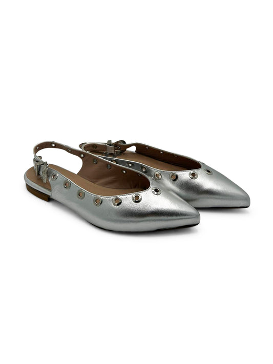 Ballerina Slingback Argento con Tacco Basso e Borchie