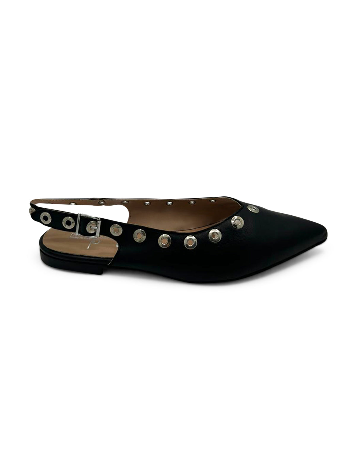 Ballerina Slingback Nera con Tacco Basso e Borchie