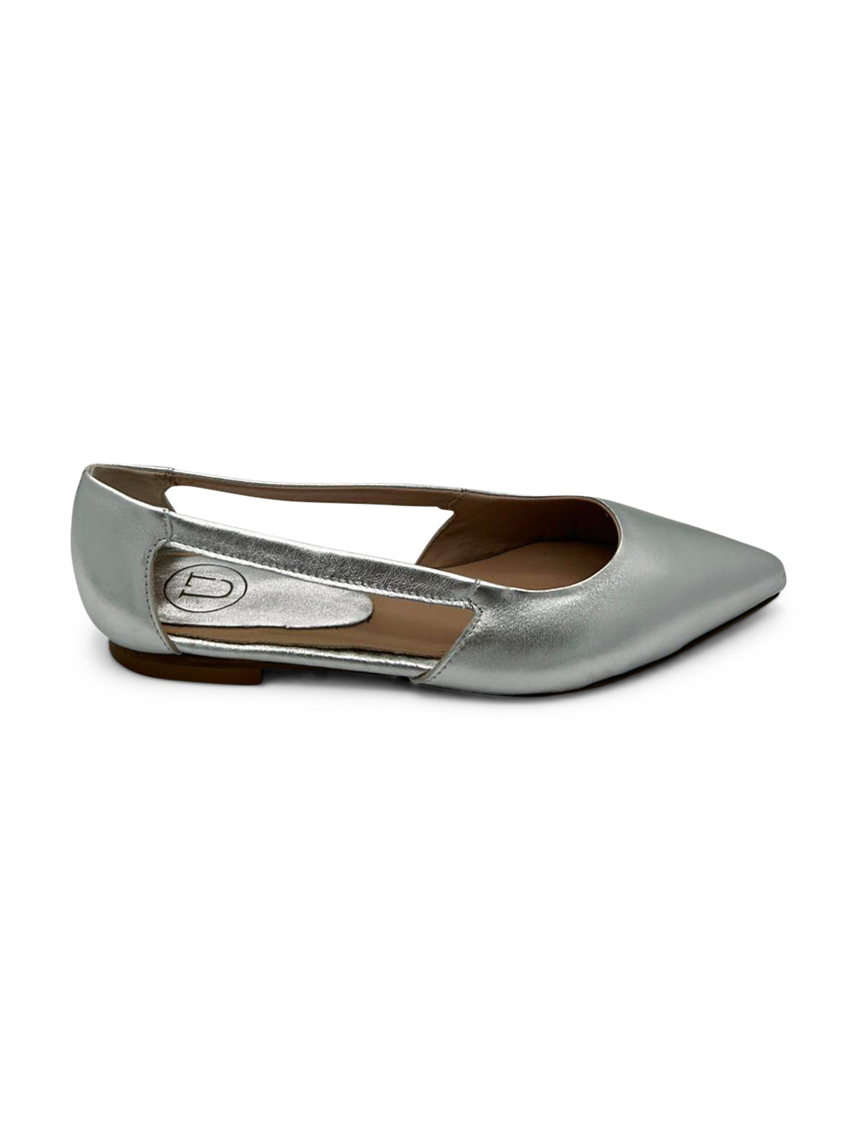 Ballerine a Punta in Pelle Laminato Argento con Tacco Basso