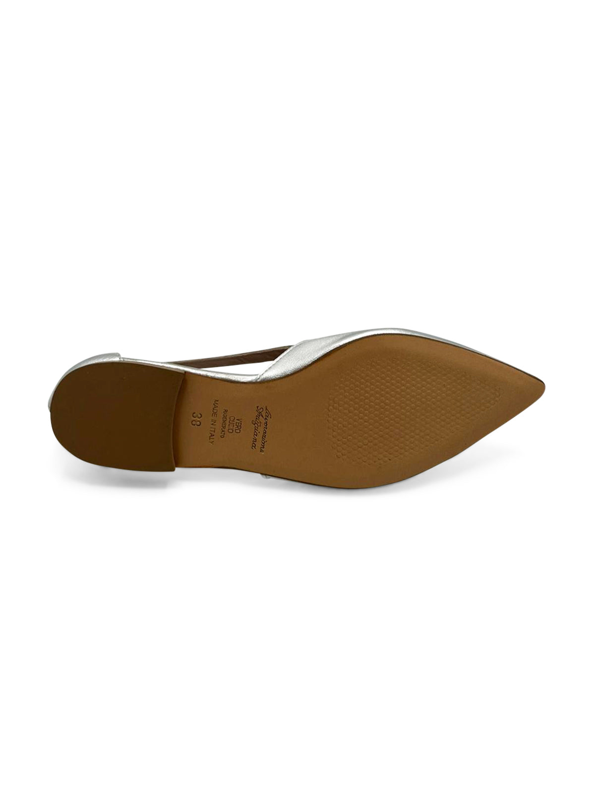 Ballerine a Punta in Pelle Laminato Argento con Tacco Basso