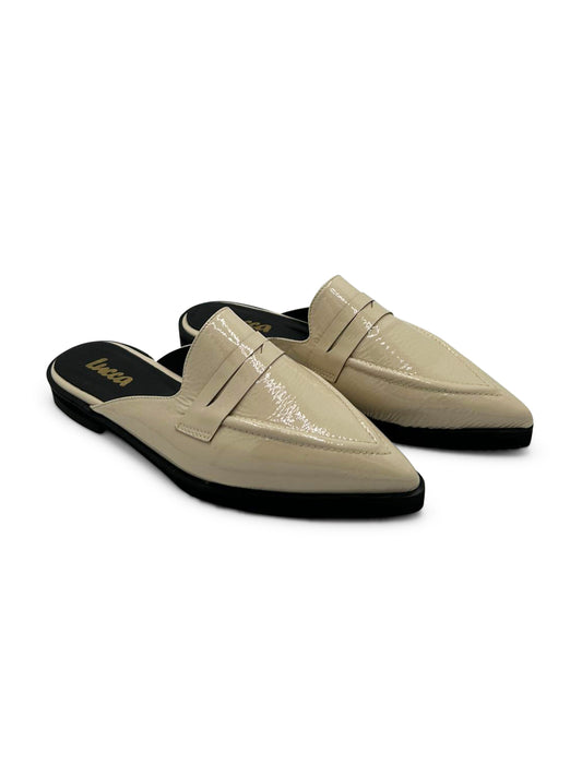 Mule da Donna in Pelle Lucida Beige con Tacco Basso