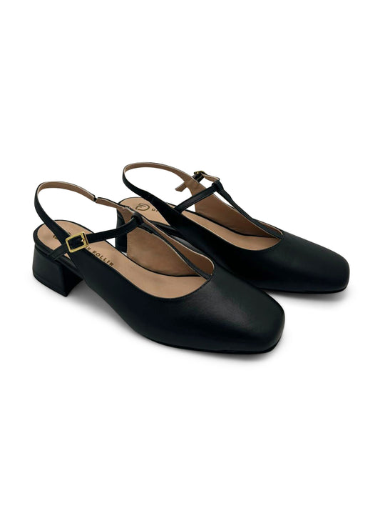 Ballerina Slingback Nera con Tacco Medio e Cinturino