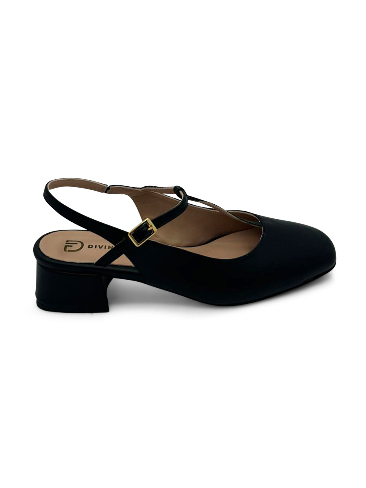 Ballerina Slingback Nera con Tacco Medio e Cinturino