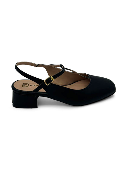 Ballerina Slingback Nera con Tacco Medio e Cinturino