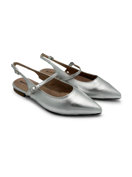 Ballerina Slingback Argento a Punta con Cinturino