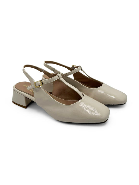 Ballerina Slingback Beige con Tacco Medio e Cinturino