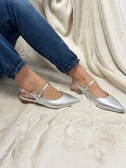 Ballerina Slingback Argento a Punta con Cinturino